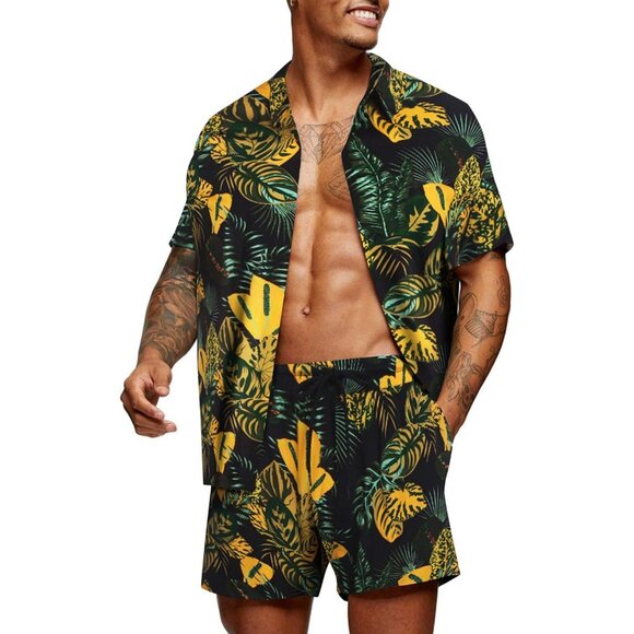 Men Hawaiian Matching Set Summer Beach Outfits Flower Shirts and Shorts - Picture 1 of 6